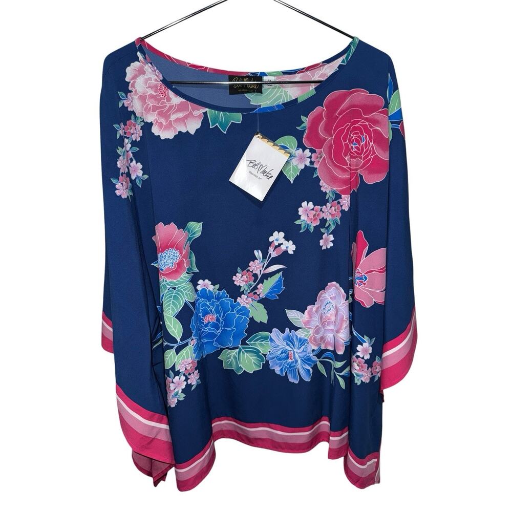 Bob Mackie Wearable Art Blouse 3X Womens Blue‎ Floral Kimono Sleeve Top Artist